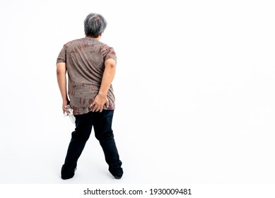 The Back Of A Man Which Uses Left Hand Hold Ass Area And Hold A Tissue Whit Right Hand, On White Background, Concept To People Have Diarrhea Want To Go To Bathroom For Excretion