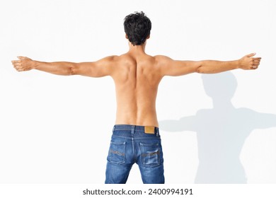 Back, muscle and shirtless with man, fitness and promotion isolated on a white studio background. Person, guy and model with exercise, jeans and strong with health, mockup space and body with care - Powered by Shutterstock