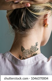 Back Neck Tattoo Of A Woman