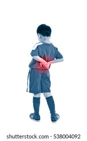 Back Pain. Athlete Asian Boy Standing And Rubbing The Muscles Of His Lower Back, Isolated On White Background. Color Increase Blue Skin And Red Spot Indicating Location Of Pain. Studio Shot.