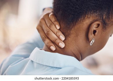 Back Pain And Black Woman Hand On Neck Or With Muscle, Bone Or Medical Injury From Office Work Posture Or Burnout. African Person With Healthcare Problem, Job Stress Or Tired In Corporate Workplace