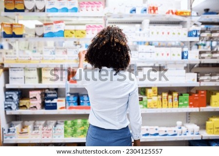 Back, pharmacy and medication with a woman customer buying medicine from a shelf in a dispensary. Healthcare, medical or treatment with a female consumer searching for a health product in a drugstore