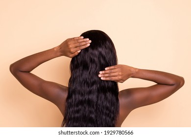 Back photo of flawless charming young brunette lady hands touch long straight healthy hair isolated beige background