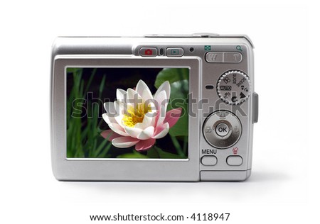 Back of a point and shoot camera isolated on white background.