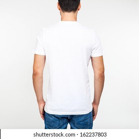 Back Portrait Of A Model Wearing A White T-shirt