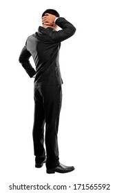 Back Pose Of A Business Person Thinking. Isolated Over White Background