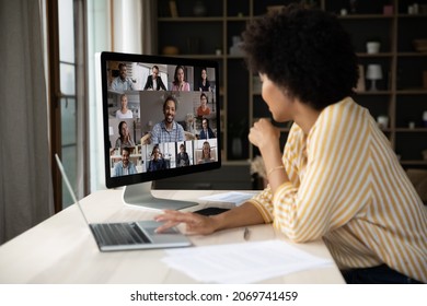 Back rear side view happy young African American woman employee looking at computer monitor, holding online video call talk or distant negotiations meeting with diverse colleagues, working from home. - Shutterstock ID 2069741459