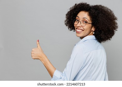 Back Rear Side View Young Employee Business Corporate Lawyer Woman Of African American Ethnicity In Classic Formal Shirt Work In Office Showing Thumb Up Like Gesture Isolated On Grey Color Background