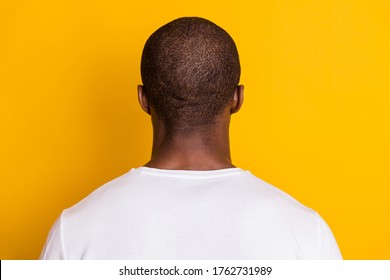 Back Rear Spine View Photo Of Afro American Guy Worker Stand Head Hide His Personality Wear Good Look Clothes Isolated Over Vibrant Color Background