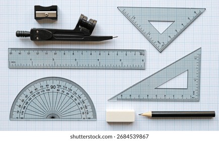 Back to or return to school geometry, maths or technical drawing set. Plastic triangle, ruler angle measurement hemisphere, eraser or rubber compass, pencil and sharpener. On graph paper. Flat lay