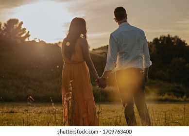 Back Of Romantic Couple Holding Hands And Looking The Sunset Ahead. Field In Summertime.