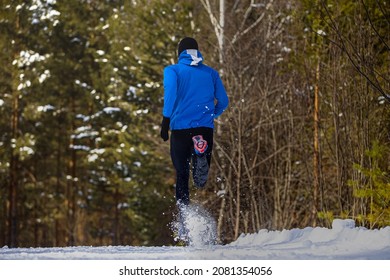 Back Runner Athlete Running Winter Forest Trail