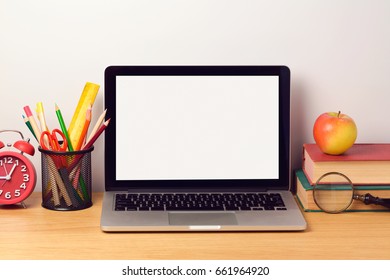 Back To School Background With Laptop Computer And Books. Modern Workplace Concept