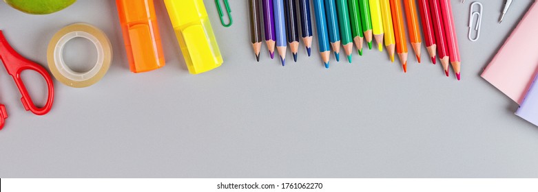 Back to School background with place for text. Collection of school supplies in a bright flat style. Educational concept. Copy space, mockup, overhead, template.