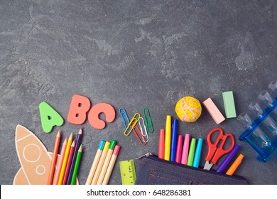 Back to school background with school supplies.View from above. Flat lay