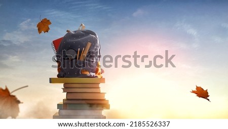 Back to school! Backpack is standing on the tower of books on background of sunset sky. Concept of education and reading.