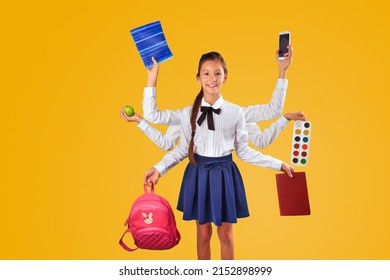 Back to school banner on yellow background. Smiling girl in school uniform with six hands holding school bag, book, notebook, phone, watercolor paint, phone, apple, ready go to school.
