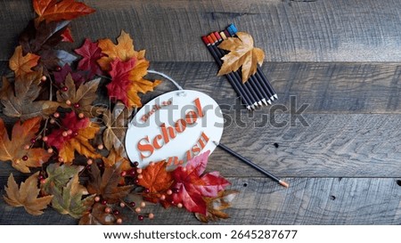 Back to school bash message and colored pencils, text on a wooden plaque, on a dark walnut background with bright autumn leaves.