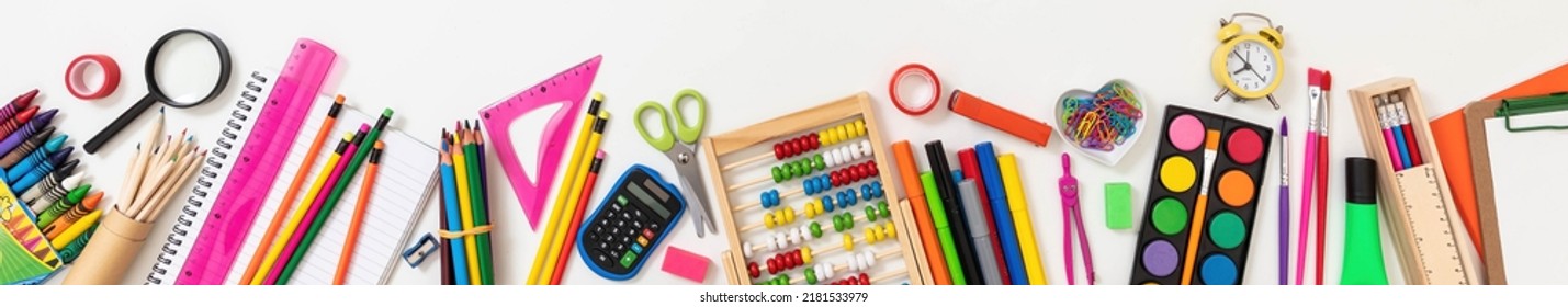 Back To School Border, Banner. School Office Supplies And Stationery Isolated On White Color Background, Top View