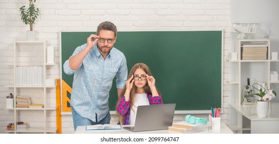 Back To School. Childhood Education. Nerd Pupil And Tutor With Laptop. Father And Teen Girl Study