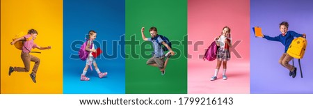 Back to school! Collage of 5 school children on a colorful paper wall background. Children with backpacks. Children are Happy and ready to learn. Dynamic images. positive cheerful and active jumps.