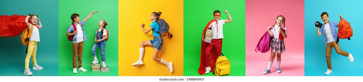 Back to school! collage 7 school children on colorful paper wall background. Children with backpacks and books. children are happy and ready to learn. Dynamic images. positive fun and active jumps. - Shutterstock ID 1988890907