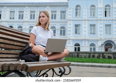 Back To School. Back To College,Girl Student Near College,university With Laptop.Education In College,Meeting Students.Beginning Of School Year At University National Day Of Knowledge