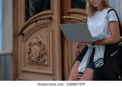 Back To School. Back To College,Girl Student Near College,university With Laptop.Education In College,Meeting Students.Beginning Of School Year At University National Day Of Knowledge