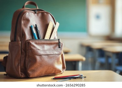 Back to school concept — school backpack with educational supplies placed on wooden desk in bright classroom. Empty space in the foreground for placing product or text.