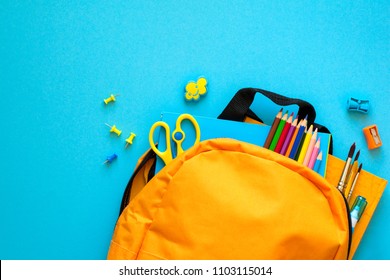 Back To School Concept. Backpack With School Supplies. Top View. Copy Space