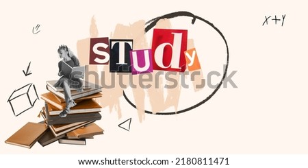 Back to school concept. Creative collage with school age girl sitting on huge books isolated on light background with cut out letters in magazine style. Childhood, education, studying. ad. Flyer