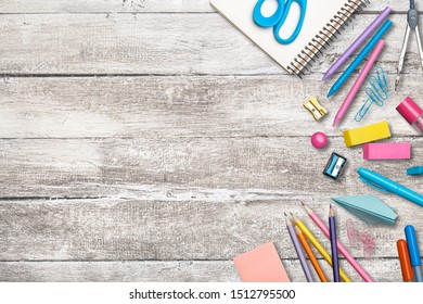 Back To School Concept, Creative Layout With With Various School Supplies And Stationery On Wooden Desk Table. Flat Lay Style Composition, Top View, Overhead.