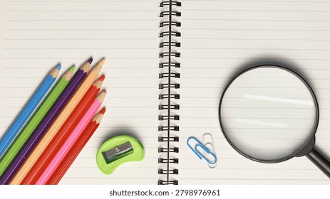 Back to school concept featuring an open spiral notebook, colorful pencils, magnifying glass, sharpener and paper clips on a clean desk. Education, learning, study planning and academic preparation theme.