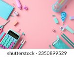 Back to school concept. Flat lay composition with school supplies, calculator, notebook, pencils, erasers, sharpeners on pink background.