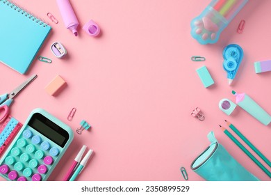 Back to school concept. Flat lay composition with school supplies, calculator, notebook, pencils, erasers, sharpeners on pink background.