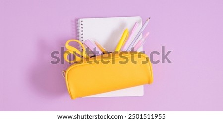 Back to school concept. Flat lay top view on full pencil case with pencils and pens with notepad isolated on pastel purple background. 