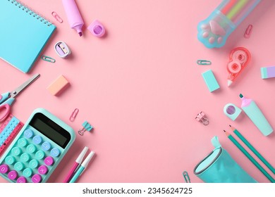 Back to school concept. Frame made of stylish school supplies on pastel pink background. Flat lay, top view calculator, paper notebook, pencil case, sharpeners, markers, pens - Powered by Shutterstock