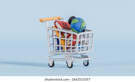 Back to school concept - school objects falling into shopping trolley. 3d
