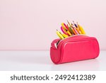 Back to school concept. Pink full pencil case with pencils and pens, scissors, school supplies isolated on against background of pink wall with empty space. 