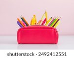 Back to school concept. Pink full pencil case with pencils and pens, scissors, school supplies isolated on against background of pink wall with empty space. 