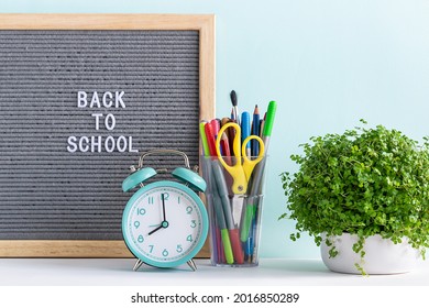 Back to school concept. Text Back to School on the letterboard, retro style alarm clock, potted plant and stationery supplies on light turquoise background. Copy space for your design. - Powered by Shutterstock