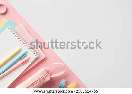 Back to school concept. Top view photo of school supplies copybooks colorful pens pencil-case and adhesive tape on bicolor white and pink background with copyspace