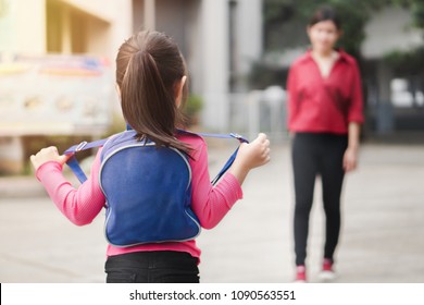 Back To School Concept,Asian Mother Or Parent Taking Daughter To School, Asian Girl Carrying Backpack Prepare Go To Kindergarten In Morning Time, Selective Focus