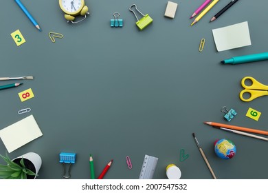 Back to school conceptual flat lay with different office supply objects and copy space area for text. Concept for primary and secondary school pupil on green background. Alarm clock, eraser, ruler - Shutterstock ID 2007547532