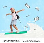Back to school. Contemporary art collage of little schoolgirl surfing on ruler over blue background. Online lesson. Figures, drawing, formulas around. New knowledges.. Concept of online education, ad