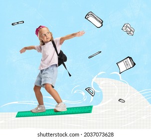 Back to school. Contemporary art collage of little schoolgirl surfing on ruler over blue background. Online lesson. Figures, drawing, formulas around. New knowledges.. Concept of online education, ad - Shutterstock ID 2037073628