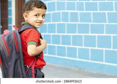 Back To School. Cute Asian Child Girl With Backpack Running And Going To School With Fun