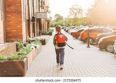 Back to school. Cute child with backpack going to school. Boy pupil with bag. Elementary school student going to classes. Kid walking outdoors on the city street after class. Back view