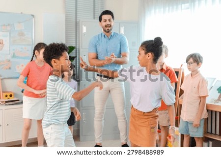 Back to school and education concept of school classroom teacher children group education activity play friendship diversity smiling