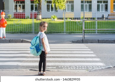 Back To School Education Concept With Girl Kids, Elementary Students, Carrying Backpacks Going To Class On School First Day Holding Hand In Hand Together Walking Up Building Stair Happily